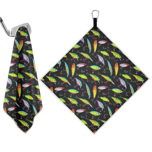 Fish Hook Black Pattern Magnetic Golf Towel for Men, 17.7x17.7in Golf Bag Towel with Carabiner Clip & Hidden Magnet, Heavy Duty Golf Club Cleaner - color: Fish Hook Black