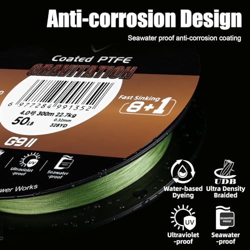 SeaKnight G9 II 8+1 Braide line, 9 Strands Braided Fishing Line Fast Sinking Fishing Line 164Yds/328Yds Seawater-Proof UV-Proof Coated PTFE Sea Fishing Line Braid 17-80LB - color: Yellow, size: 33LB(0.23mm)-328Yds