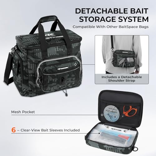 KastKing BaitSpace Fishing Tackle Bag With 4 Tackle Boxes & Removable Bait Binder, Water-Resistant Tackle Storage, Durable Fishing Gear, Adjustable Shoulder Strap - color: D: Black Camo, size: Large - 4*3600 Trays