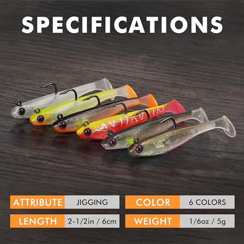 TRUSCEND Shadtale Easy Catch Soft Fishing Lures with BKK Hooks - Trembly Sinking and Vibrating Swim for More Bites, Pre-Rigged Swimbaits for Bass, Trout, Crappie, Walleye, Freshwater Saltwater Fishing - color: 2.5",1/6oz