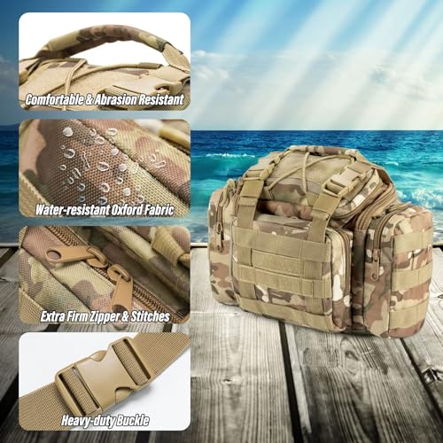 Dr.Fish Fishing Tackle Bag 5 Boxes with 60 Lures Included Loaded Stocked Tackle Box Set Spinner Lures Kit Freshwater Gear Equipment - color: Camo Bag, 11.4*4.9*7.9’'