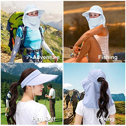 Women Wide Brim Face Mask Sun Hat Detachable Neck Face Flap Ponytail UV Protection Visor Hat Garden Fishing Hiking - color: A8-shun005-qianlan