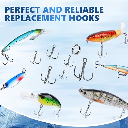 UCEC Fishing Hooks Treble Hooks Kit for Saltwater Freshwater, High Carbon Steel Strong Sharp Round Bend for Catfish Trout Hard Baits Lures, Size #1#2#4#6#8#10#12#14 110/50/210 Pack with Split Rings - style: 100pcs Split Rings & 110pcs Silver Hooks, #1 #2