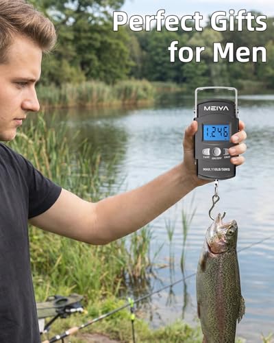 MEIYA Fish Scale 110lb/50kg Digital Fishing Scale with Backlit LCD, Portable Handle, Stainless Steel Hook, Built-in Tape Measure & 2 AAA Batteries, Reliable Fishing Gear & Great Fishing Gifts for Men