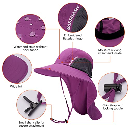 BASSDASH UPF 50+ Unisex Water Resistant Wide Brim Sun Hat with Large Neck Flap Ponytail Fishing Hat for Men Women - color: Purple Orchid