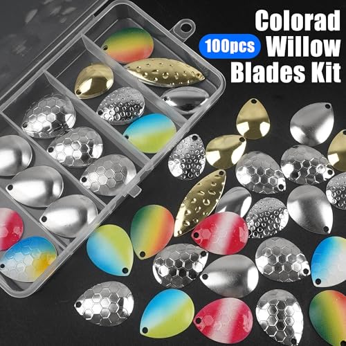 Walleye Rig Making Kit DIY Fishing Lure Spinner Making Kit Supplies Parts Crawler Harness Live Bait Rigs Colorado Blades Pompano Floats Clevis Beads Tackle Fishing - color: 100pcs Blade Spoon