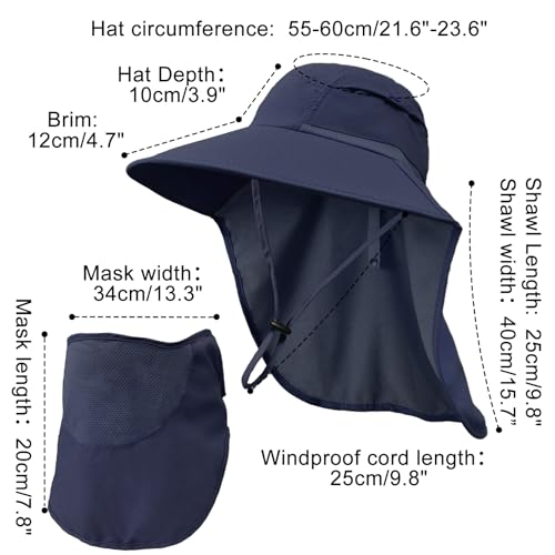 Sun Hats for Men Women Detachable Face Cover Wide Brim Fishing Hats with Neck Flap UPF 50+ Outdoor Safari Hats - color: Navy Blue