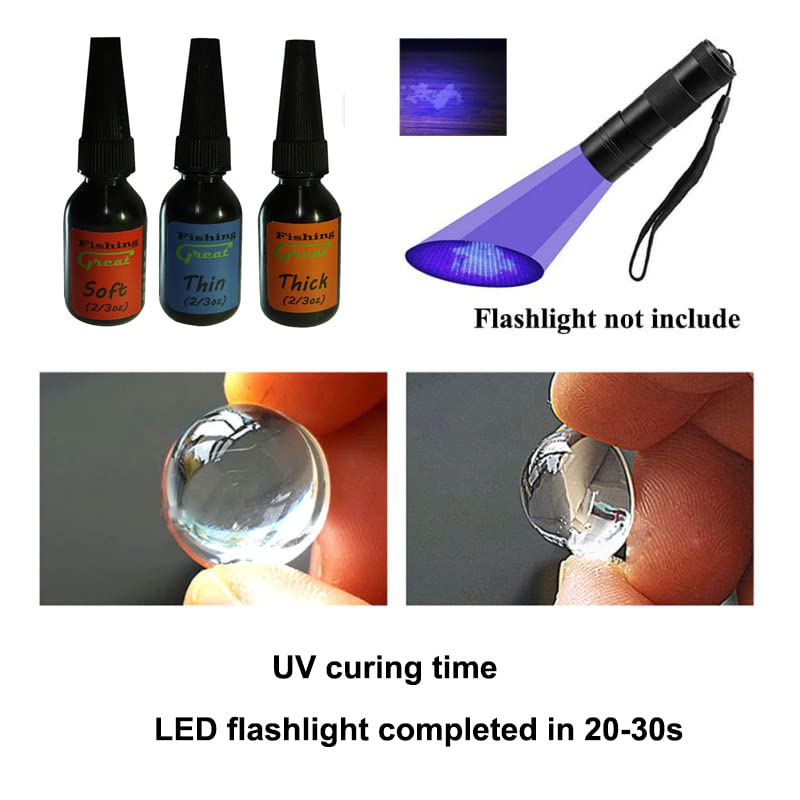 GREATFISHING Fly Tying UV Clear Glue and Power Light Combo Three Bottles Thick Thin and Soft +12 LED Light for Building Flies Heads Bodies Wings and Gluing Eyes - color: thick uv glue