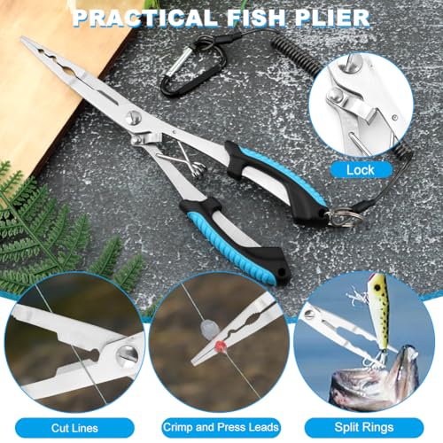 Stainless Steel Fishing Pliers and Fish Gripper Set with Sheath & Lanyard - Multifunctional Fishing Tool Kit for Saltwater Freshwater, Hook Remover, Line Cutter, Crimping - color: Blue