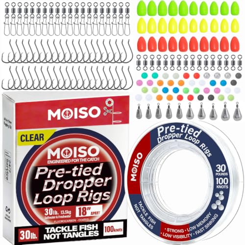 MOISO 10-60lb 100knots Pre-Tied Dropper Loop Rigs, 18" Spaced 5.5" Loops, Versatile for All Water Column, Saltwater & Freshwater Fishing Tackle for Bass, Snapper, Striper, Cod, Grouper, Lake Trout - size: All-in-One 30 LB