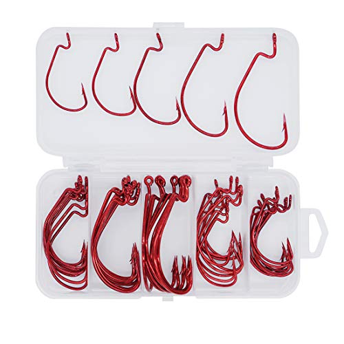 50pcs Fishing Worm Hooks High Carbon Steel Wide Gap Offset Saltwater Freshwater Extra Strong Circle Jig Worm Fishing Hooks for Bass Trout with Box Packed #1/0-5/0 - color: red
