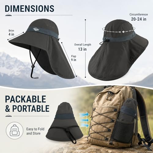 Palmyth Fishing Hat UPF 50+ Sun Protection Neck Flap Hat for Men and Women | Cooling Neck Flap, Water Resistant, Wide Brim, Detachable Chin Strap, Breathable Mesh, Sweatband, Adjustable Buckle, Packable - color: Carbon