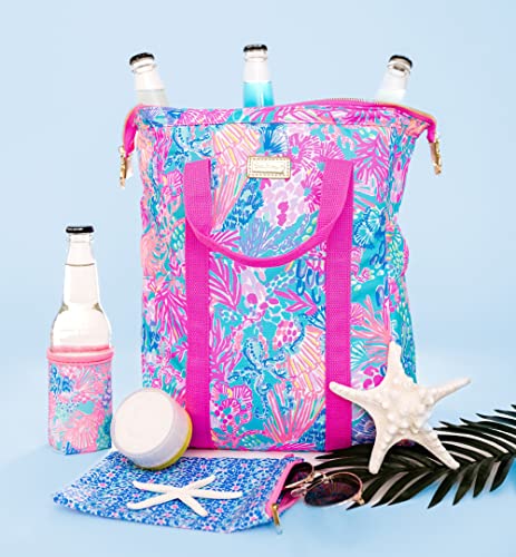 Lilly Pulitzer Water Resistant Vinyl Beach Day Pouch, Zipper Bag Includes Drink Hugger, Small Pouch, and Towel Clips - color: Splendor in the Sand