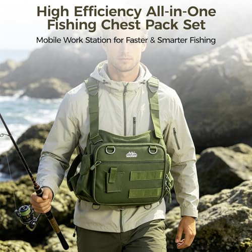 Fishing Chest Pack with 3 Bait Boxes, Fly Fishing Tackle Bag & Work Station - color: Green