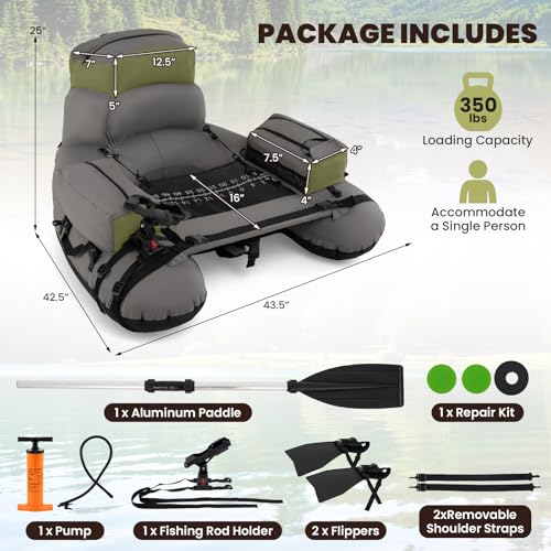 GYMAX Fishing Float Tube, 350LBS Inflatable Belly Boat with Oar, Flippers, Rod Holder, Fish Ruler, Hand Pump & Zipper Storage, Portable Backpack Float Tubes for Fishing - color: Gray+Green