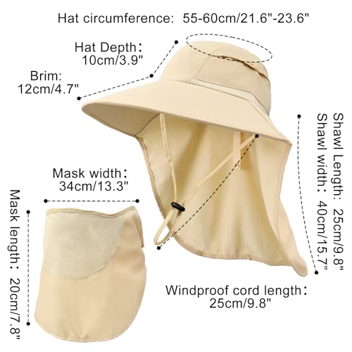 Sun Hats for Men Women Detachable Face Cover Wide Brim Fishing Hats with Neck Flap UPF 50+ Outdoor Safari Hats - color: Beige