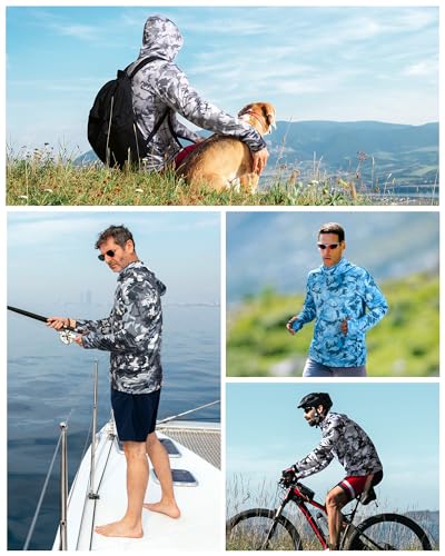 FISHEAL Men's Performance Fishing Hoodie Shirt - UPF 50+ Sun Protection Long Sleeve Thumbholes Shirts with Neck Gaiter - color: Charcoal Gray, size: Medium