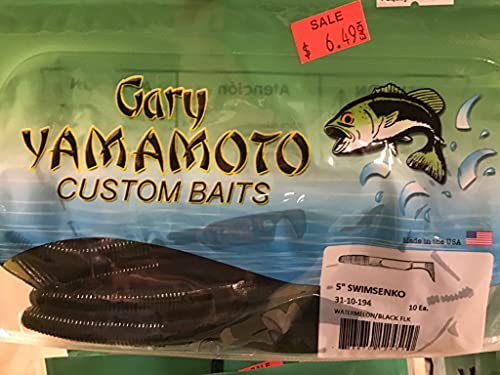 Yamamoto 5.5" Swimming Senko Soft Worm Paddle Tail Fishing Swim Bait Lures - 7 Pack - color: Watermelon with Large Black Flake, size: One Size
