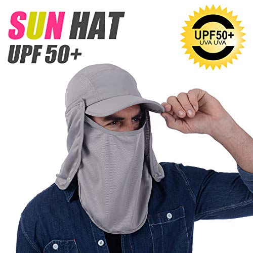 USHAKE Sun Cap Fishing Hat Baseball Cap with Face Neck Cover Flap - color: Light Grey-1
