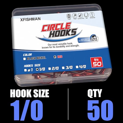 XFISHMAN Circle-Hooks-Fishing-Equipment-Octopus-Hooks-Saltwater-50 Pack #1 –12/0 - color: Red, size: 1/0 50-Pack