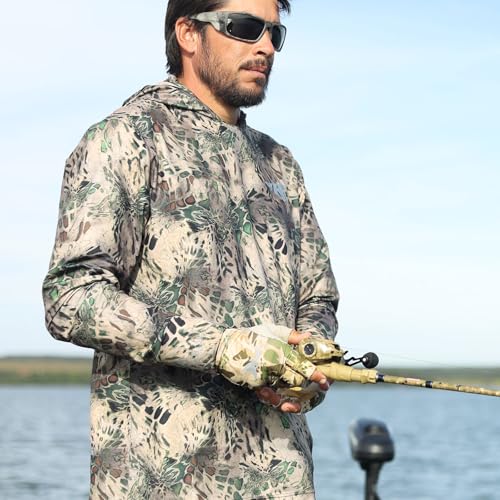 KastKing Agies Fishing Gloves Men, UPF 50+ Sun Gloves UV Protection, Cooling Quick-Dry 3/4 Fingerless Gloves with Extended Cuff, Microfiber Palm & Pull Tabs, for Fishing, Kayaking, Hiking, Hunting - color: X Camo-Multi Purpose, size: Small-Medium