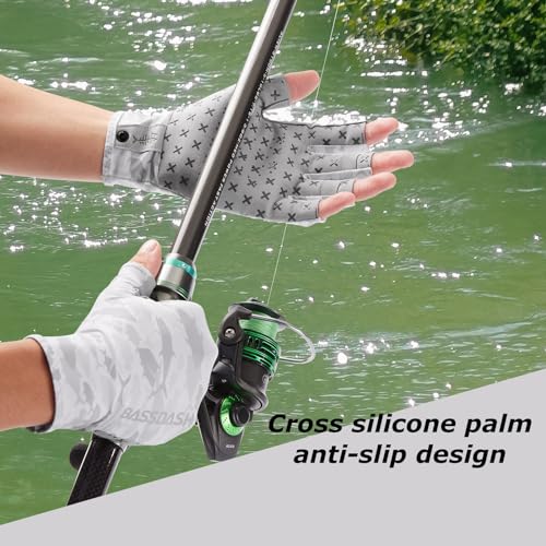 BASSDASH 3/4 Finger UPF 50+ Sun Gloves Breathable Anti-Slip Silicone Palm for Men Women Fishing Fingerless Cycling Running - color: Grey Fishes, size: Medium
