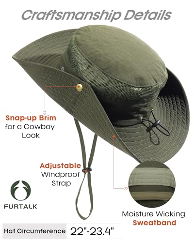 FURTALK Sun Hats for Men Women UPF Sun Protection Breathable Wide Brim | Nylon UV Protection, Breathable Adjustable, 2-in-1 Wide Brim, Packable Water-Resistant, Fishing Hiking Summer - color: Green
