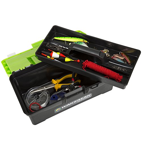 Fishing Single Tray Tackle Box- 55 Piece Tackle Gear Kit Includes Sinkers, Hooks Lures Bobbers Swivels and Fishing Line By Wakeman Outdoors Lime Green