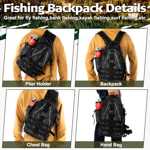 RoundFunny 85 Pcs Fishing Backpack with Tackle Boxes, Tackle Sling Bag with Rod Holder, Fish Lures and Pliers, Fish Tools Gears & Equipment Father's Day Fishing Gift for Dad Men - color: Incognito Camouflage