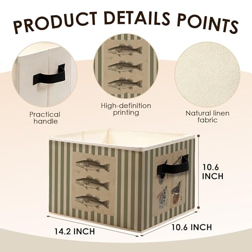 Coastal Beach Fishing Storage Bins with Handles, Olive Green Striped Sea Bass Fish Collapsible Clothes Toys Books Organizer Basket for Beach House Home Bedroom Bathroom