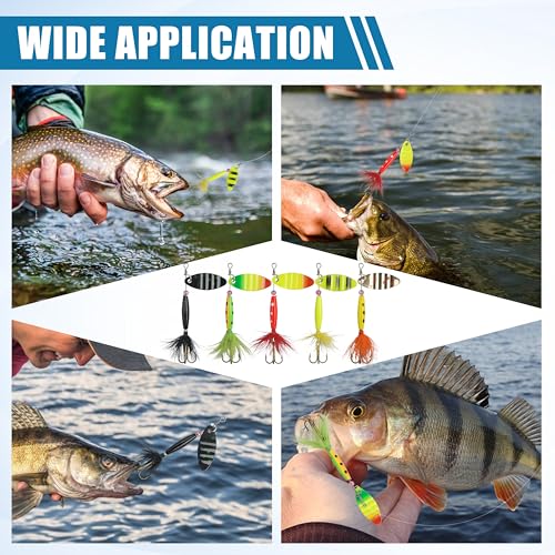 Spinner Baits Bass Lures Rooster Feather Tail Fishing Lures Trout Lures Hard Metal Inline Spinnerbaits for Bass Trout Pike Walleye Salmon with Tackle Box - style: B-5pcs-3"-0.27oz