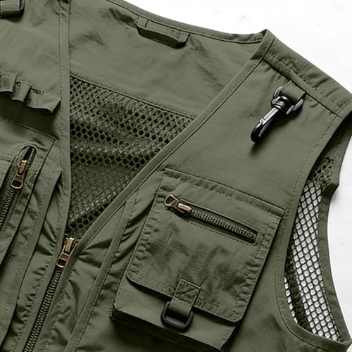 Men's Fishing Vest Casual Utility Lightweight Cargo Vest with Multi Pockets Outdoor Safari Photo Travel Jacket Vest - color: Y002- Army Green, size: X-Large