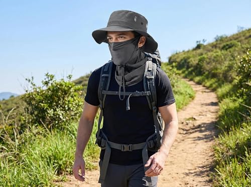 Fishing Hat with Summer Breathable Neck Gaiter, Wide Brim Sun Hat for Men & Women, Outdoor UV Sun Protection Hat & Face Mask - color: Dark Grey