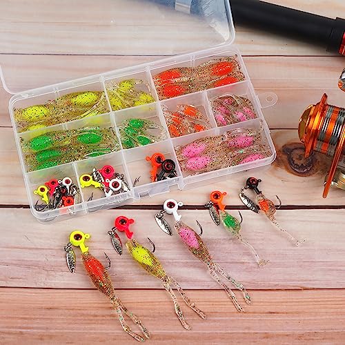 Crappie Lures Jigs Kit, 48/55pcs Crappie Baits Crappie Jig Head Hooks Soft Plastic Fishing Lures Split Paddle Tail Swim Bait for Crappie Fishing Panfish Bluegill Lures - color: 55pcs Crappie Jig Lures Kit