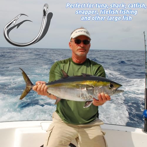 Circle Hooks Saltwater, 40pcs Stainless Steel in-line Straight Eye Tuna Circle Hook Extra Strong Wire Short Shank Fishing Hooks for Tuna Bass Catfish