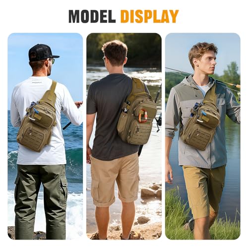 HUNTVP Fishing Sling Bag Lightweight Tackle Bag Small Fishing Backpack Tactical Shoulder Sling Bags with Rod Holder, Storage Gear and Equipment, Gifts for Men (Brown) - color: Brown