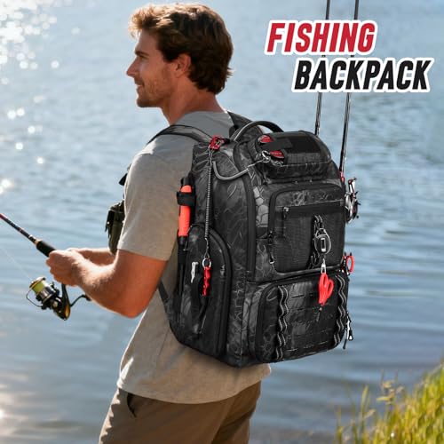 Fishing Tackle Backpack, 40L Tackle Bag with 2 Rod Holders & 4 Tackle Boxes, Water-Resistant Large Storage Fishing Gear and Equipment, Fisher Gifts for Men, Black Camo - color: B-Black Camo with 4 Tackle Boxes