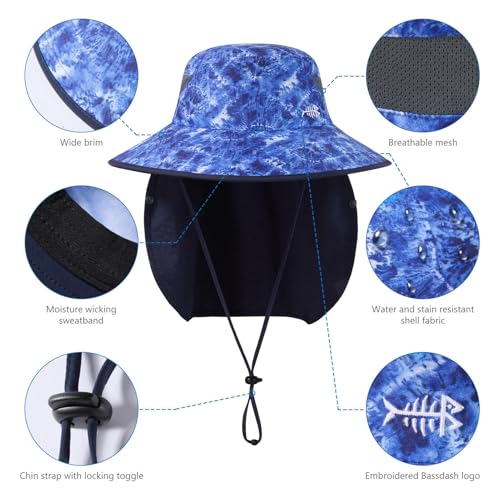 BASSDASH UPF 50+ Breathable Sun Hat with Removable Face Cover and Neck Flap Wide Brim Bucket Hat for Fishing Hiking Men Women - color: Blue Camo/Navy Blue