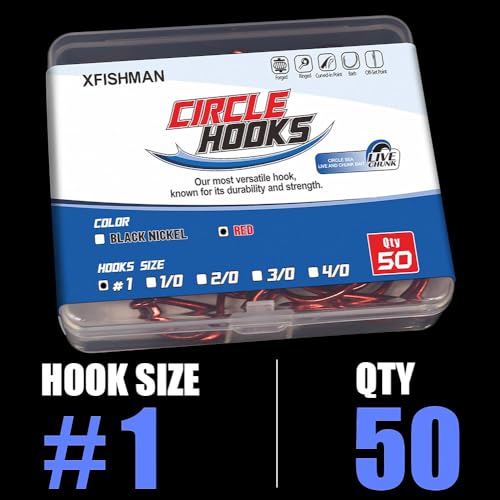 XFISHMAN Circle-Hooks-Fishing-Equipment-Octopus-Hooks-Saltwater-50 Pack #1 –12/0 - color: Red, size: Size:1 50-Pack