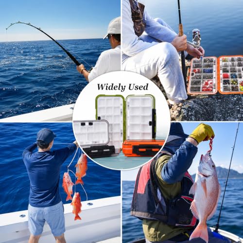 Small Tackle Box Organizer 3 Pack, Waterproof Double-Sided Fishing Lure Box | Mini Portable Floating Fishing Storage Container with Removable Dividers, Terminal Plastic Tackle Box (Green, Orange, Gray)