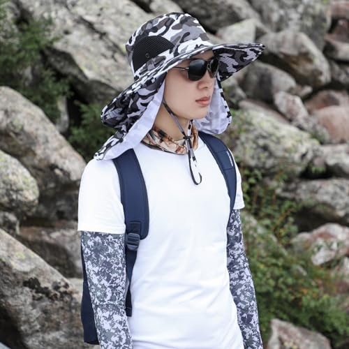 Sun Hat Unisex Face Coverage Shield Neck Flap Cap Garden Lawn Work Sports Hiking Fishing Hats - color: Camou Gray