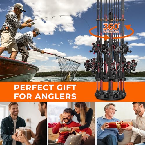 KastKing V16 Rotating Fishing Rod Holder for Garage, Floor Rack Holds Up to 16 Rods & Combos, Space-Saving Pole Organizer with Foam, Durable ABS, Fishing Gear Storage Gift for Men - size: V16 with Rotating Base