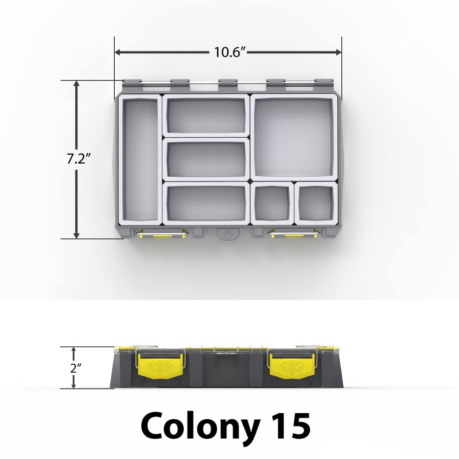 BUZBE Colony 15 Modular Tackle Box, Customizable Waterproof Plastic Organizer, Fishing Tackle Storage, Small Parts Box, Grey and Yellow - style: Colony 15 with Bins