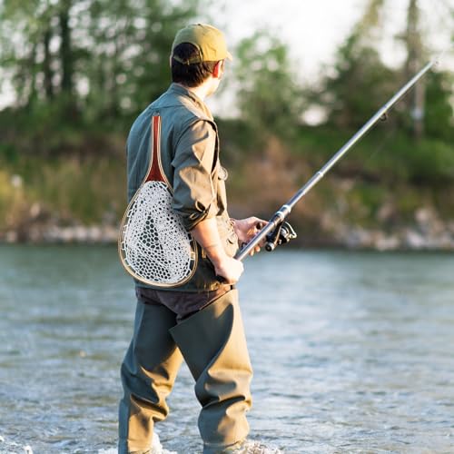 Hipicute Fly Fishing Net, Trout Net, Wooden Frame Fly Fishing Landing Net with Soft Rubber Mesh for Catch and Release, Lightweight Fish Net for Trout Bass, Fly Fishing Gear for Stream Fishing - color: White-02, style: Round Holes-01