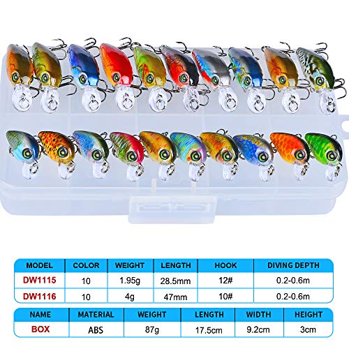Mini Crankbait Fishing Lures Kits Swimbait Wobbler Hard Baits for Bass Trout Pike Freshwater and Saltwater 10pc-20pc/pack - color: 20pcs-mixed izes+BOX