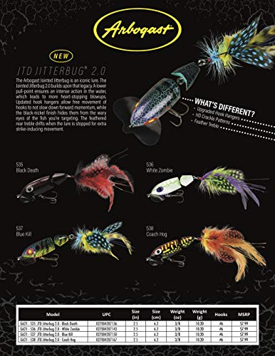Arbogast Jointed Jitterbug 2.0 Topwater Bass Fishing Lure, 2 1/2 Inch, 3/8 Ounce - color: White Zombie