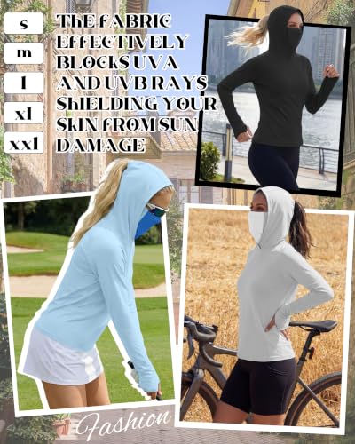 Xaatren 3 Pack Women's UPF 50+ Sun Hoodies with Face Mask Thumb Holes Quick Dry Fishing Shirts UV Protection Hiking Shirt - color: Black, Gray, Blue, size: Small