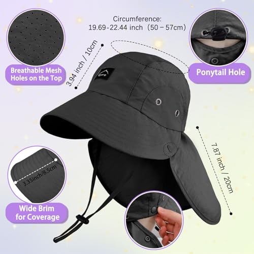 Kids Sun Hat with Detachable Neck Flap for Boys & Girls Wide Brim Fishing Hat for Kids Water Resistant UV Protection - color: 1 Pack-black