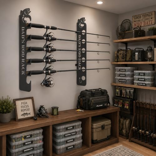 Personalized Fishing Rod Holder Wall Mount Custom Dad’s Rod Rack Metal Fishing Pole Storage Rack for Garage Cabin Lake House Man Cave Fishing Gear Organizer Holds 6 Rods