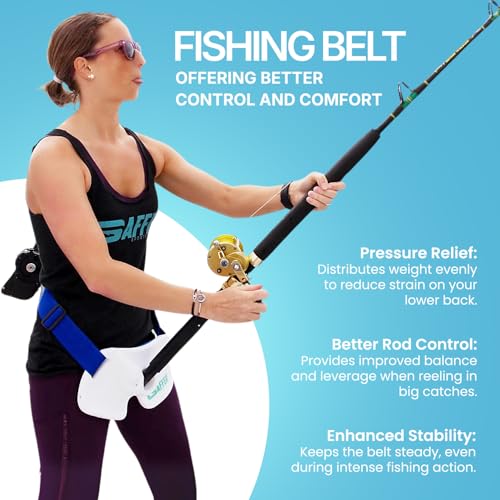 GAFFER SPORTFISHING Adjustable Fishing Belt & Shoulder Harness - Safety Buckle with Foam-Padded Straps Fish Rod Holder - color: Waist Rod Holder - White & Blue